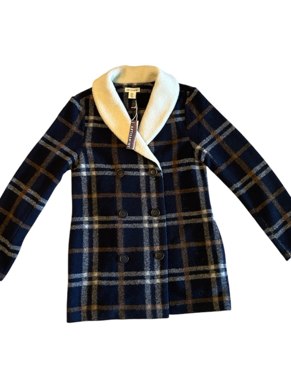 Artisan Navy and Cream Plaid Double-Breasted Coat with Sherpa Collar